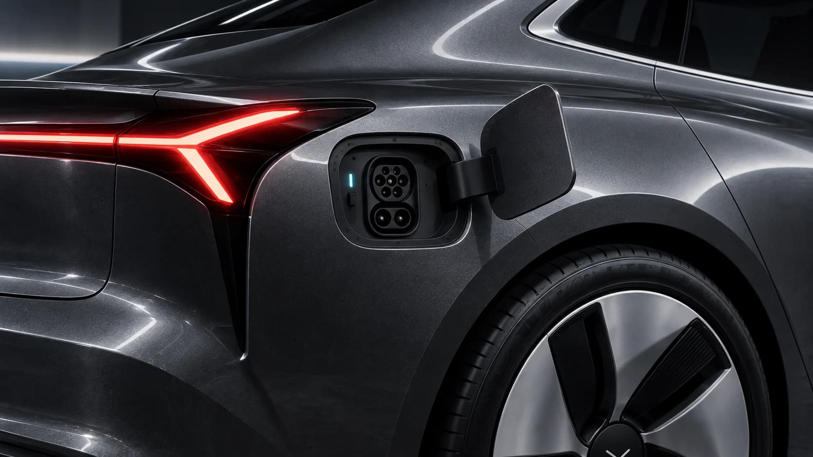 Dyntree M1E Divide Graphite prototype — rear-left charging port detail