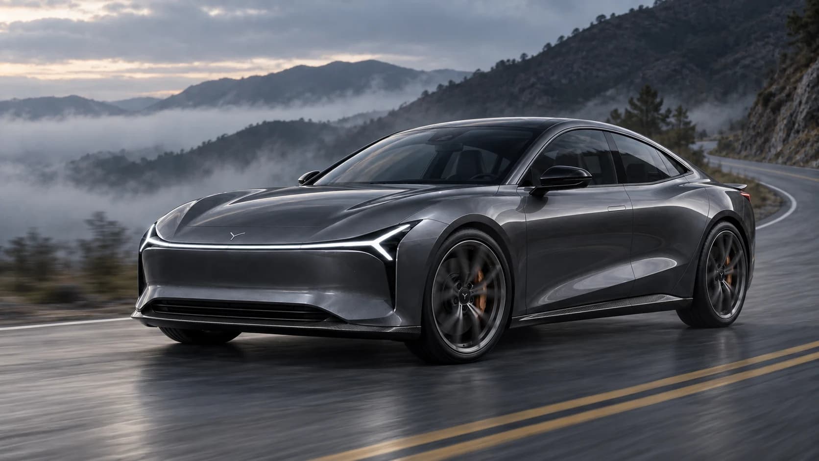 Dyntree M1E Multiply Graphite prototype — front three-quarter driving